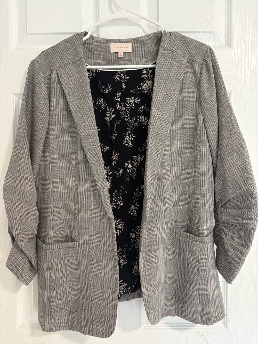 Skies Are Blue Gray Plaid Open-Front Blazer with Floral Lining